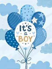 Naklejka premium Cheerful baby shower celebration with balloons and clouds design for invitations or announcements. It is a boy