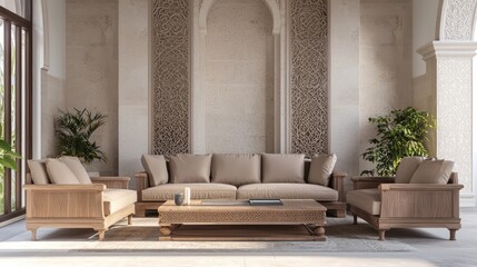 Luxurious Modern Arabian Interior Design 3D Render Featuring Elegant Living Room with Plush Sofas and Artistic Wall Decor