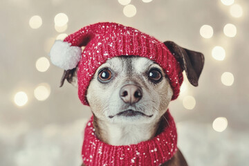 Dog in a Christmas mood, with a Santa hat. Christmas decorations