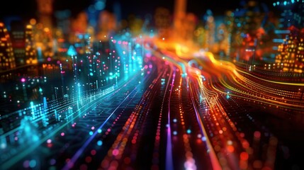 A vibrant, abstract representation of data visualization and digital connectivity.