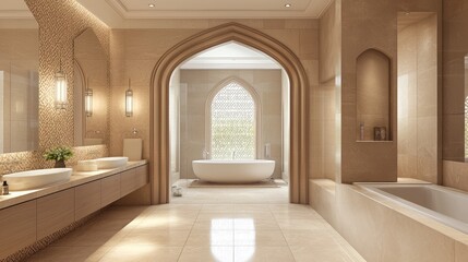 Fototapeta premium Opulent Islamic Inspired Bathroom Oasis with Elegant Fixtures and Decorative Tiles in 3D Rendered Artwork for Self-care Ambiance