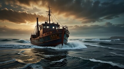 Obraz premium Old weathered ship battling stormy sea at sunset.