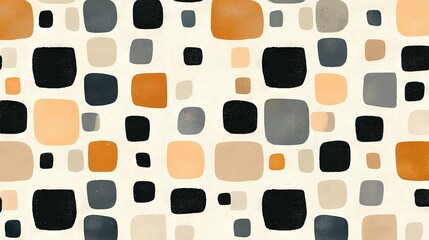   An array of gray, orange, yellow, and black squares and rectangles forms an abstract pattern