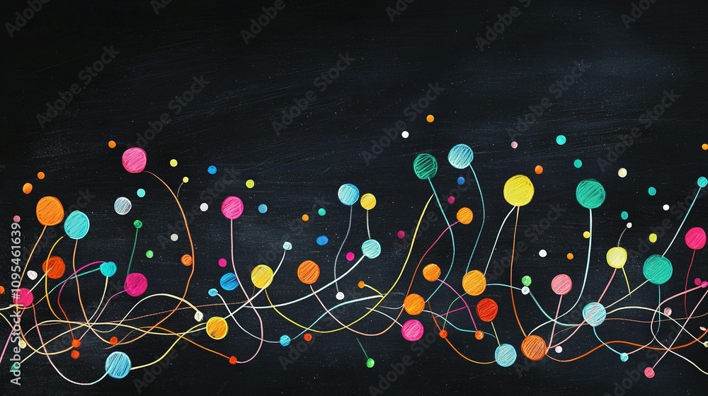 Poster a chalkboard with multicolored circles and lines on a black background