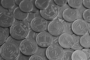 Ukrainian money, exchange coin, white coins of different denomination in random order.