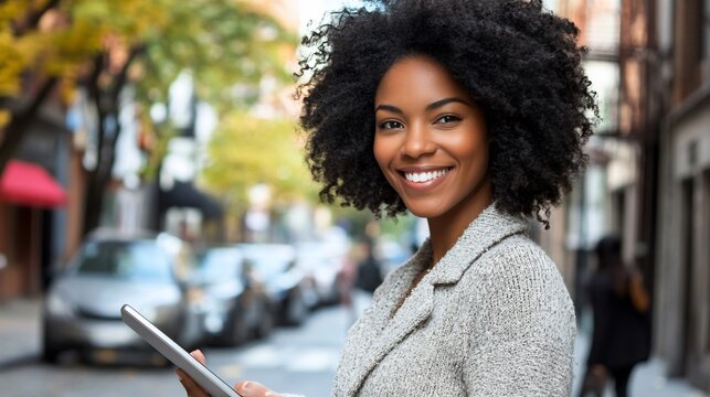 Smiling woman with afro holding tablet on city street.