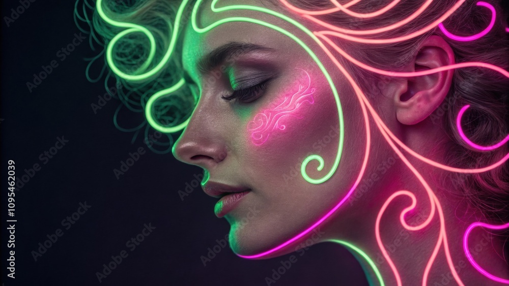 Poster an artistic representation of a face featuring meticulously applied glowing pink and bright green cu