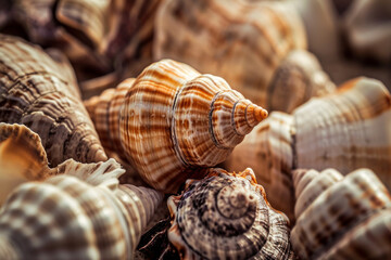 Obraz premium Toned image of many sea shells in pile. Lots of scallop seashells piled together background