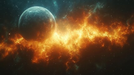 Obraz premium Fiery orange nebula with glowing planet in deep space, vibrant cosmic explosion, astronomical beauty, galaxy backdrop, vivid colors, space art
