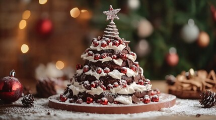 Delicious christmas tree cake decorated with red berries and icing sugar on festive table