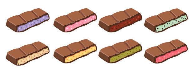 Chocolate bars vector set. Different flavors of chocolate. Blueberry, raspberry, strawberry, peach, coconut, cream, Dubai chocolate, mint chocolate, adzuki beans, korean taste, japan, korean flavors