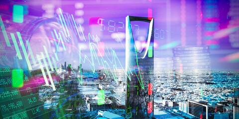 Money business financial graph diagram of coin. Riyadh city skyline drone shoot .Riyadh city...