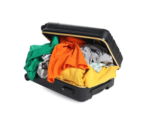 Packed suitcase full of clothes isolated on white