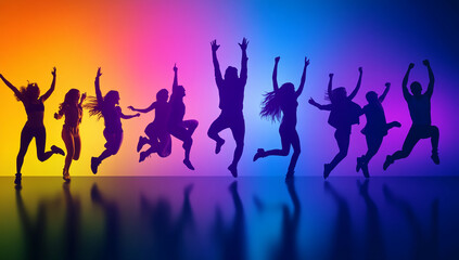 Fototapeta premium Joyful group celebrates with energetic dance against a colorful gradient background during a lively event