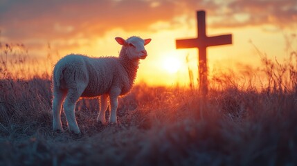 Lamb standing near cross at sunset, warm golden glow, rural field, spiritual symbolism, peaceful evening, serene countryside setting, faith and nature connection, tranquil light