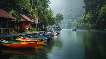 Obraz premium Colorful Boats Line the Tranquil Waters of a Secluded Lake Surrounded by Lush Forests and Misty Mountains