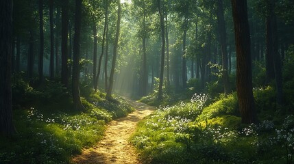 Obraz premium Sunlight Filters Through Trees in a Tranquil Forest Path Lined With Vibrant Greenery and Delicate Flowers During Early Morning