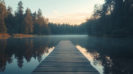 Tranquil Morning at a Serene Lake With a Wooden Dock Surrounded by Lush Trees and Misty Water Reflections