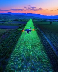 Drone scanning crops with green laser at sunset over farmland