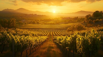 Fototapeta premium Sunset Over Expansive Vineyard Landscape With Rolling Hills and Distant Hills in the Backdrop