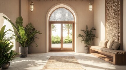 Fototapeta premium Luxurious Modern Arabian Entryway with Vibrant Cultural Accents | Detailed 3D Render Interior Design Artwork