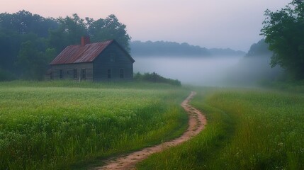 Fototapeta premium Misty Morning View of an Old Wooden House on a Quiet Country Road Surrounded by Lush Green Fields