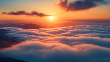 Fototapeta premium Colorful sunset above clouds over mountain peaks, glowing sky, scenic view, serene atmosphere, tranquil nature, peaceful moment, breathtaking beauty, golden light, heavenly landscape