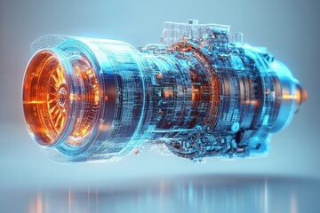 Futuristic turbofan engine rotating with holographic effect in blue and orange as digital twin