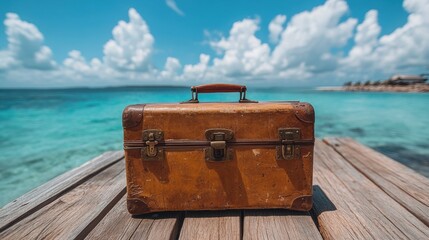 Vintage suitcase on wooden pier by turquoise ocean, sunny day, travel inspiration, adventure, tropical destination, serene vacation setting, tranquil coastal vibes, beautiful nature