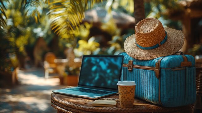 Laptop and travel essentials on table with hat, sunglasses, tropical interior, vacation vibes, remote work setup, relaxing workspace, cozy environment, travel inspiration