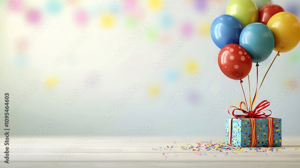 Poster a box containing numerous balloons rests on a table with confetti scattered around