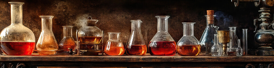 Ancient Alchemy Lab: A collection of glass flasks, beakers, and vintage scientific tools on an ornate antique table.