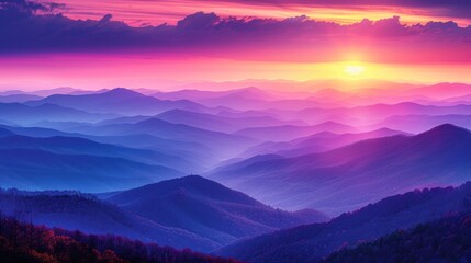 A vibrant sunset over layered mountains, showcasing nature's beauty and tranquility.