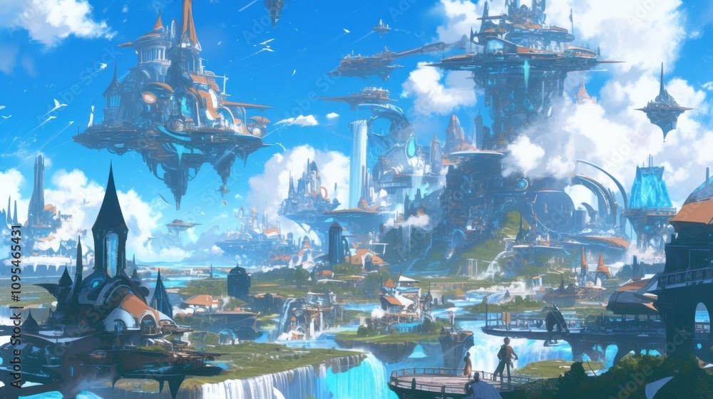 Poster a surreal landscape of floating fountains seemingly defying gravity and creating a sense of weightle