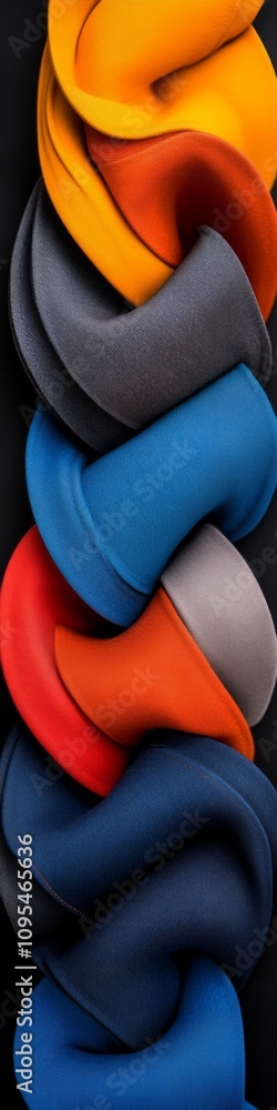 Poster colorful twisted fabric display showcasing unique textures and patterns in an artistic arrangement