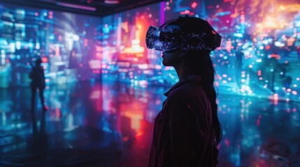 A person wearing a VR headset in a vibrant, digital art environment.