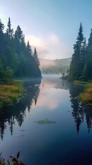 Fototapeta premium Serene sunrise over calm lake with misty forest reflection.