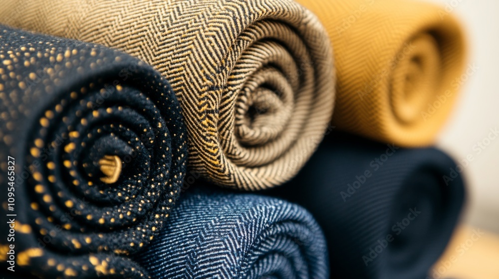 Poster colorful rolls of fabric stacked neatly in a craft store display for creative projects and design in