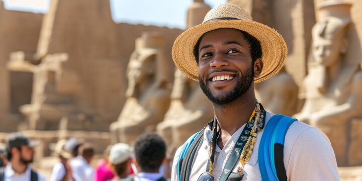 Smiling Tourist Explores Ancient Ruins With Statues Under the Sun at a Historical Site in Egypt During Summer