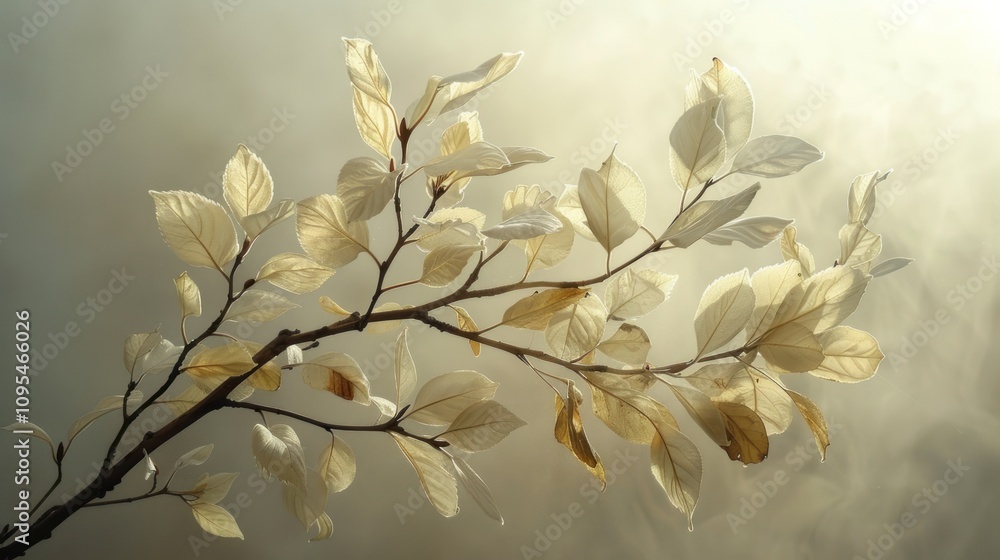Poster a delicate branch with light-colored leaves, softly illuminated against a hazy background.
