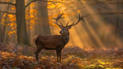 A majestic deer stands in a sunlit forest, surrounded by autumn foliage and soft rays of light.