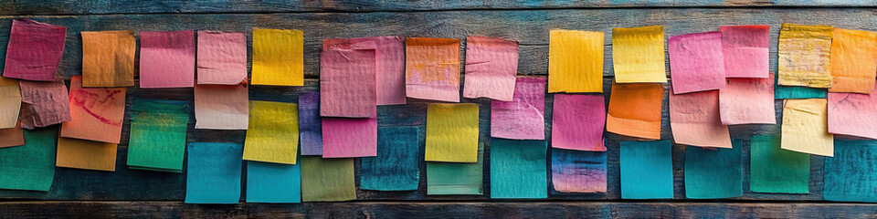 A collage of colorful sticky notes covering a rustic wooden wall.
