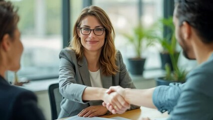 A professional woman smiles while shaking hands with colleagues during an important business discussion in an office