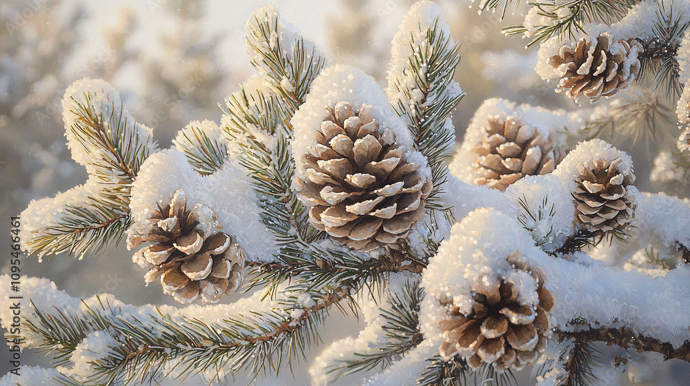 Poster a single pine cone on a snow-covered tree, surrounded by a hazy forest