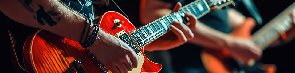 Fototapeta premium A close-up shot of a band's hands, synchronized as they play chords on electric guitars.