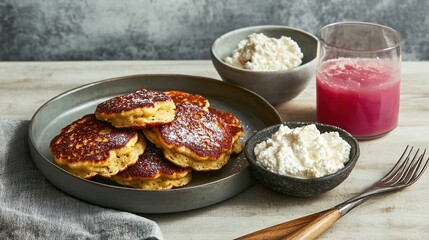  Pancakes, Cottage Cheese, Red Juice