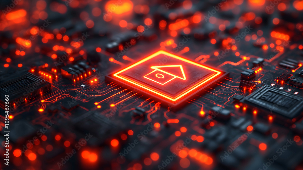 Poster design a logo for a futuristic smart home device featuring a digital shop symbolizing growth in tech