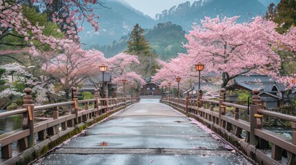 A serene bridge surrounded by blooming cherry blossoms in a tranquil landscape.
