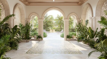 Fototapeta premium Majestic Modern Arabian Entryway with Decorative Arches and Mosaic Tile Floor | 3D Render Interior Design Digital Artwork