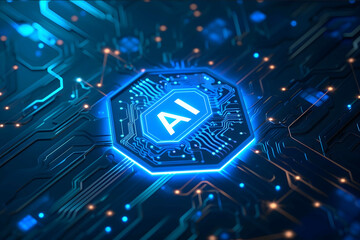 a brain a hexagon with the text inside AI blue background